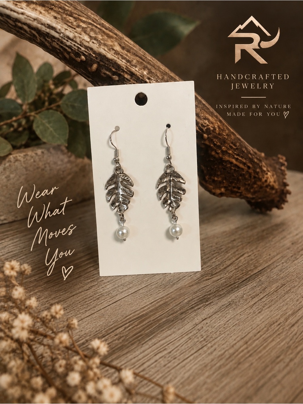 🍃Handcrafted Silver Leaf Drop Earrings with Pearl Accent